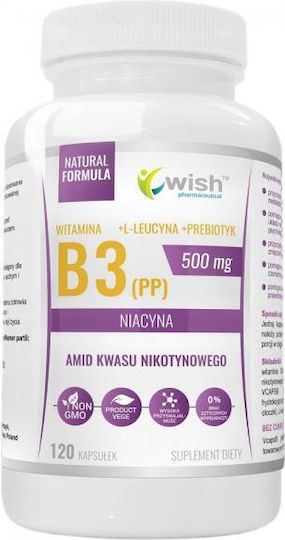 Wish Pharmaceutical Витамин B3 (PP) 500 mg + L-левцин + Пребиотик Специална Хранителна Добавка 120 капсули