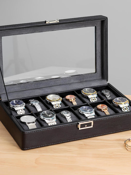 Resteq Uhrenbeweger & Etuis 12er Organizer Elegant Box mit Trennwänden und Transparenter Kappe