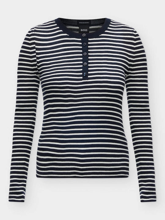 Boss Women's Woolen Striped Navy Blue Sweater