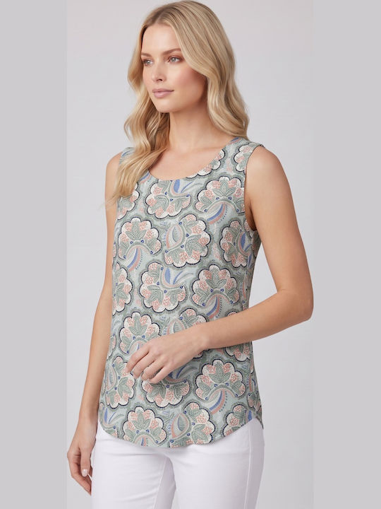 Bluza Damă Fără Mâneci Floral Mentă Eșarfă