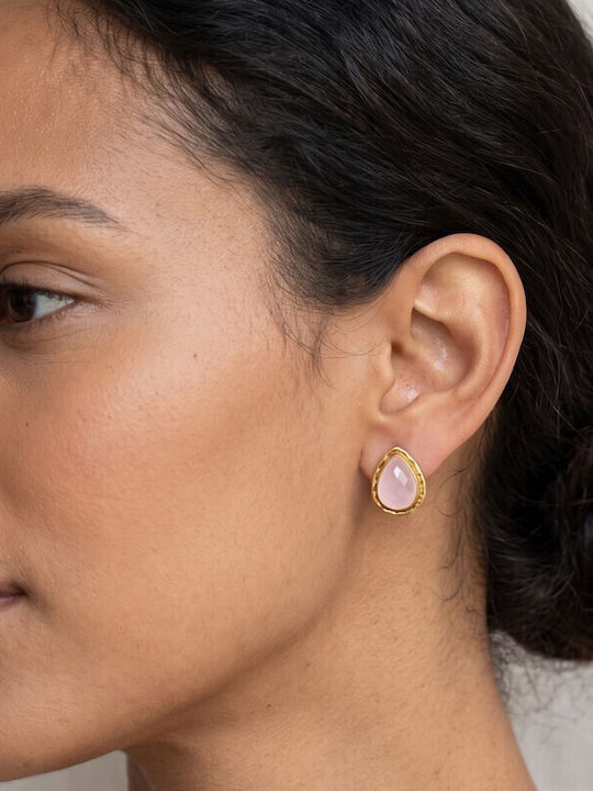 Grekas Single Gold Plated Silver Stud Earring with Pink Stones
