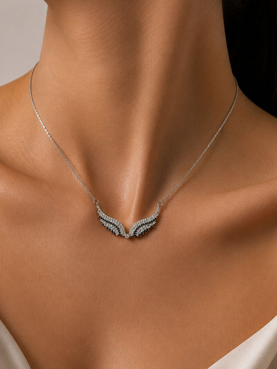 Steel Necklace Angel Wings Steel With Black Zircon