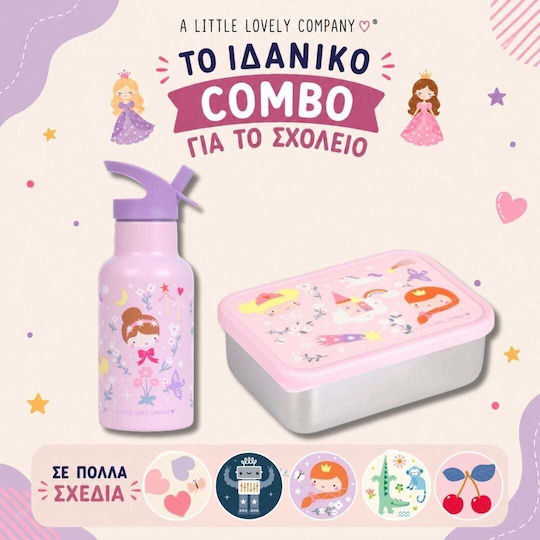 A Little Lovely Company Ανοξείδωτο Παιδικό Σετ Φαγητού 0.35lt Princesses + μπουκάλι νερού