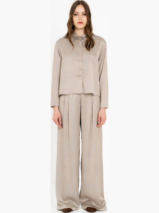 Γυναικεία Σατέν Παντελόνα Ριγέ Beige