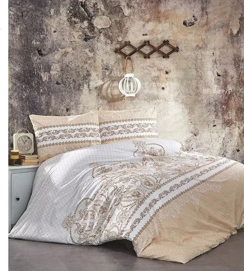 Set Huse Pentru Pilote Bumbac Satinat 200x220cm Dublă Cu 2 Fețe De Pernă & 1 Cearșaf Bej
