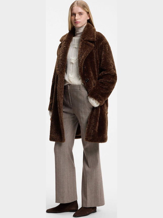 Boss Γυναικείο Brown Παλτό Teddy με Κουμπιά