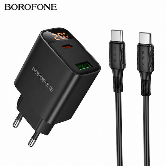 Borofone Mobile Phone Charger With USB-A Output Port And USB-C Output Port And USB-C - USB-C Cable 20W Power Delivery Quick Charge 3.0 Black (BA96A)