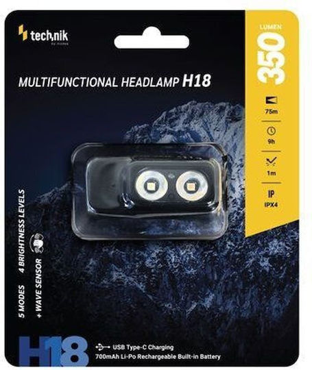 Technik Επαναφορτιζόμενος Φακός Κεφαλής LED IPX4 με Μέγιστη Φωτεινότητα 350lm H18 10τμχ
