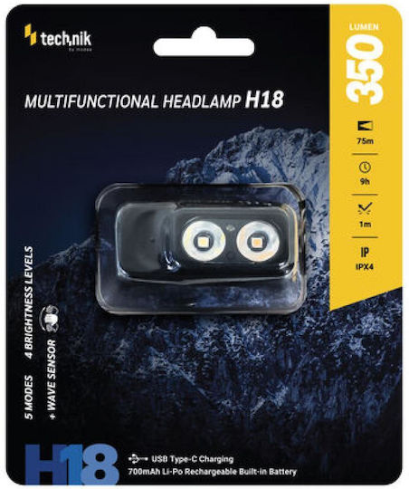 Technik Rechargeable LED Head Flashlight IPX4 with Maximum Brightness 350lm H18 10pcs