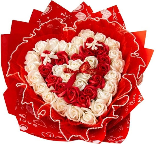 Buchet Floral De Săpun Trandafiri În Formă De Inimă Tulle Perle Înălțime 45 Cm Alb Roșu