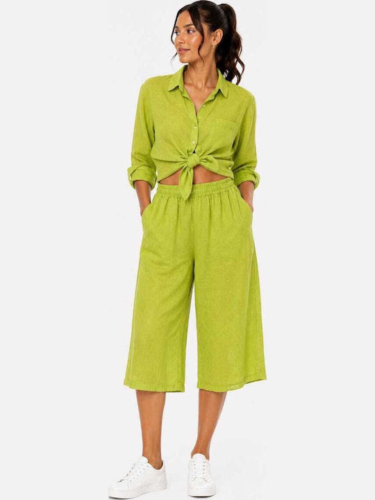 Liva Fashion Damen Leinen Capri Hose mit Gummib...