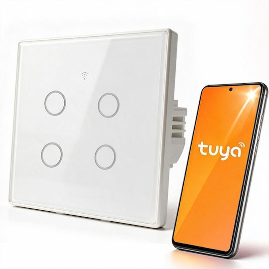 Qoltec Умен сензорен стенен ключ за осветление 4 кръга Wi-fi таймер Tuya Smart Life закалено стъкло бял