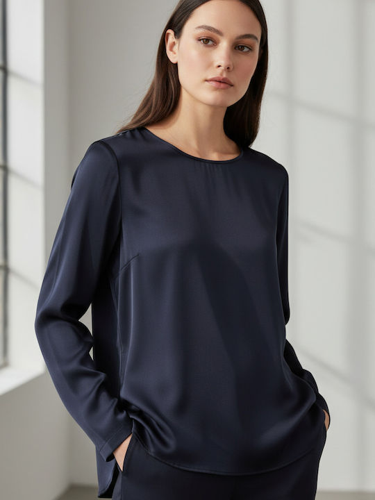 Damenbluse Langärmelig Blau-Schwarz