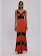 Summer Maxi Evening Slip Dress Satin with Lace & Mesh Burnt Orange