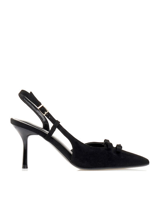 Suede Pumps mit Riemen & Hohem Absatz Schwarz