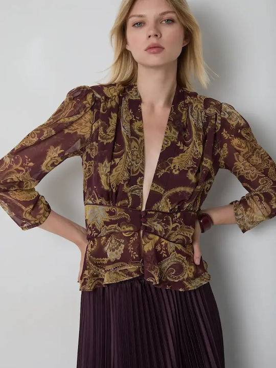 Women's Long Sleeve Blouse with V-Neck Burgundy