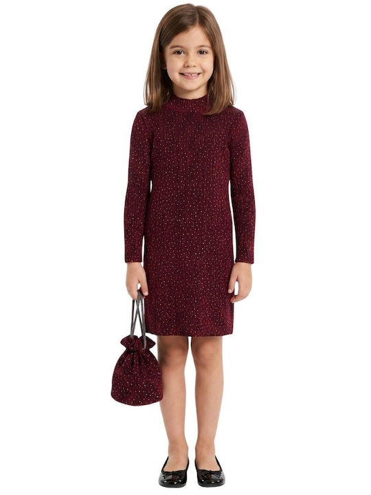 Girls Dress Long Sleeve with Sequins Set of 2 with Accessories Burgundy