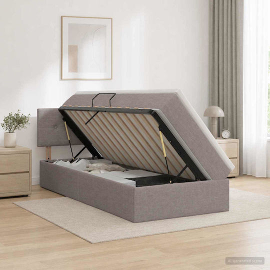 Pat Montat Pe Perete Single Tapițat Cu Material Taupe Cu Plăci Și Saltea 90x200cm
