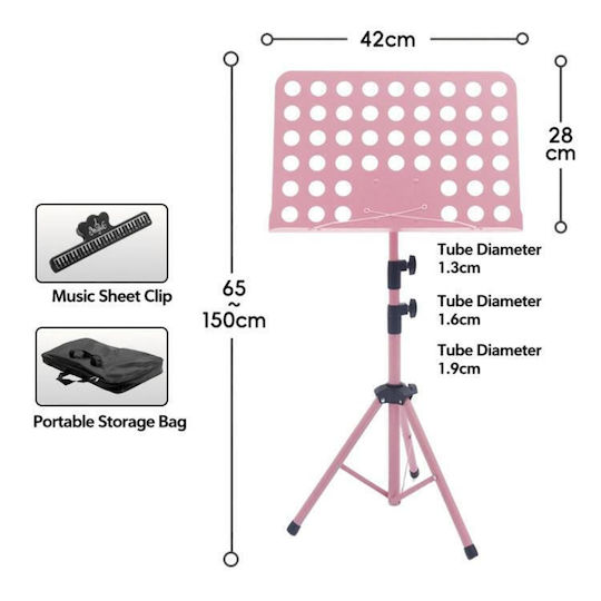 Portable Foldable General Purpose Music Stand Adjustable Height Sheet Music Stand Rehearsal Performance Size Stand + Folder + Storage Bag Pink