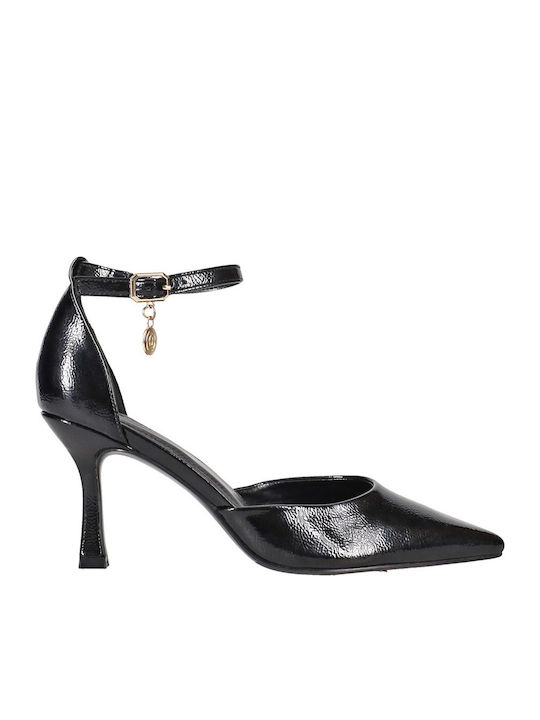 Pointed Toe Heels in Patent Leather with Strap Black