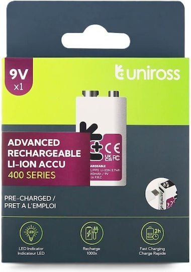 Uniross Usb-c Rechargeable Lithium 9v Battery 400mah 1pc