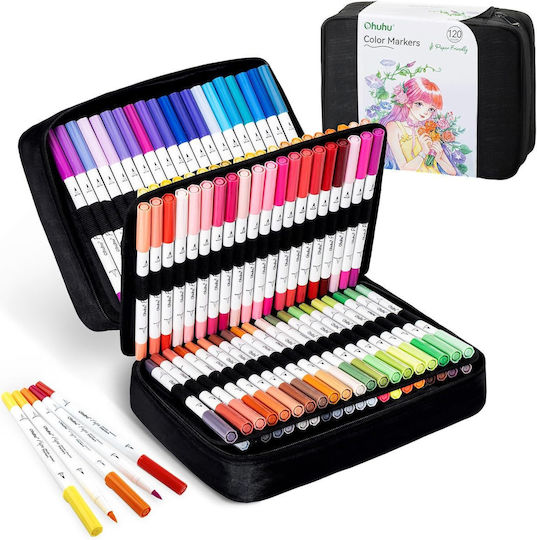 Ohuhu Culori Vibrante Markere de Desen 0.4mm Brush & Fineliner Set 120 Culori