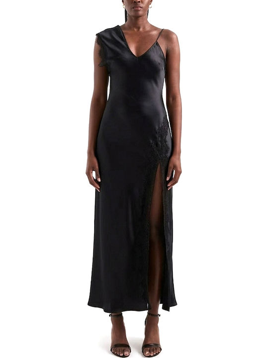 Summer Midi Evening Satin Dress with Lace & Slit Black