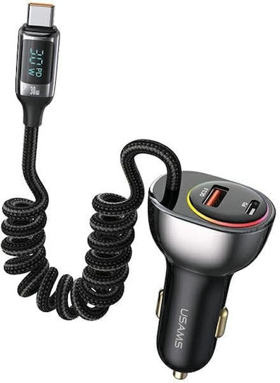 Usams Автомобилно Зарядно Устройство 30W 3A Бързо Зареждане с Портове 1xUSB-A 1xType-C с Type-C Кабел Вграден Черен Цвят