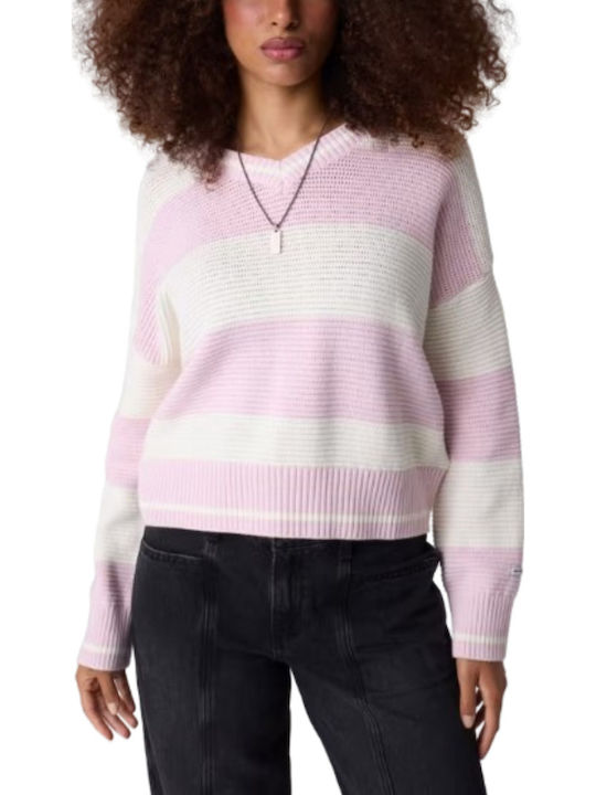 Damen Pullover Aus Baumwolle Mit V-Ausschnitt Gestreift Ecru/Rosa