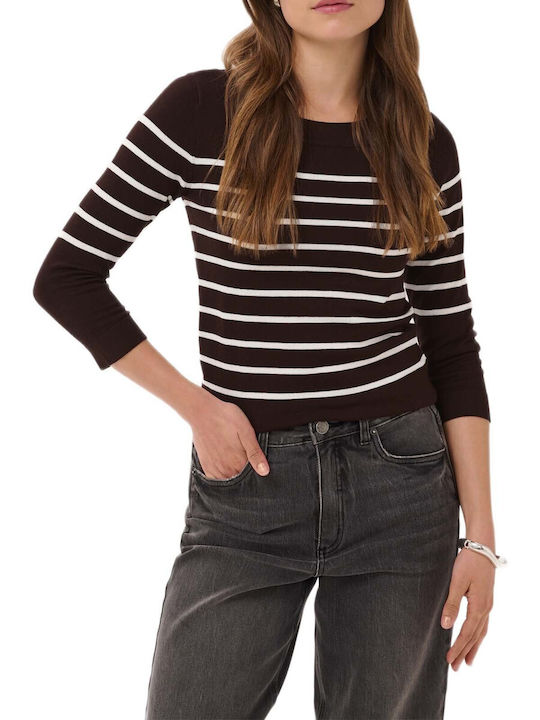 Kaffe Women's Blouse with 3/4 Sleeve Striped Brown Striped