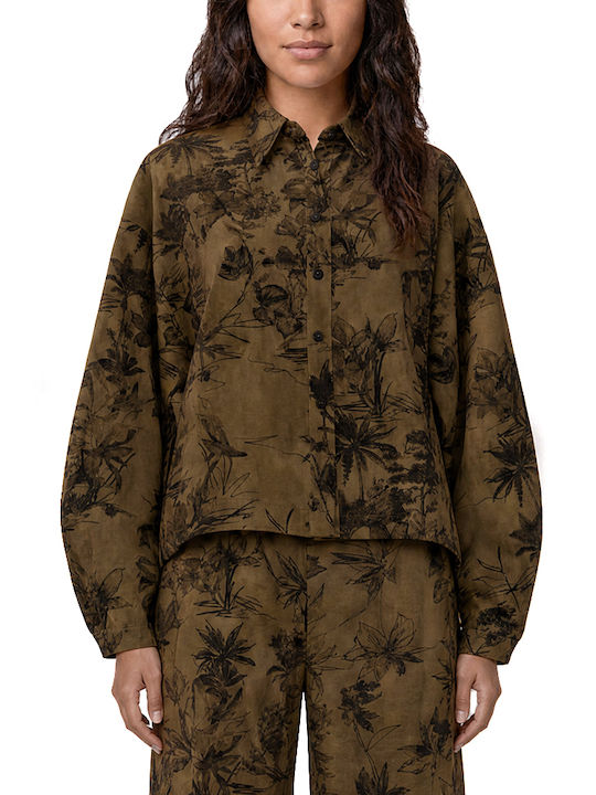 Long Sleeve Women's Shirt Black-Khaki Floral