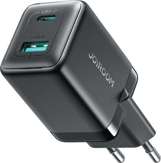 Joyroom Зарядно устройство с вграден кабел GaN с USB-A порт и USB-C порт 45 W Power Delivery Черно (JR-TG8 GaN)