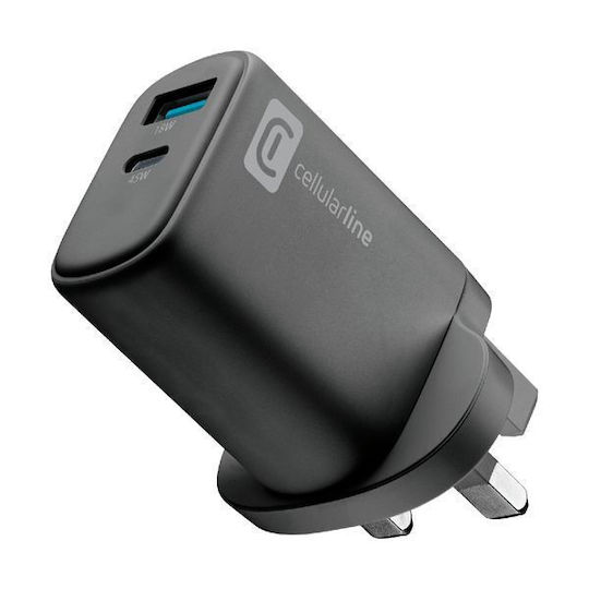 Cellular Line Φορτιστής Χωρίς Καλώδιο GaN με Θύρα USB-A και Θύρα USB-C 45W Power Delivery Μαύρος