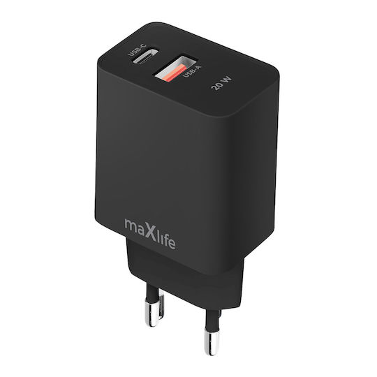 Maxlife Φορτιστής Χωρίς Καλώδιο με Θύρα USB-A και Θύρα USB-C 20W Power Delivery Μαύρος (MXTC-13-20AC)