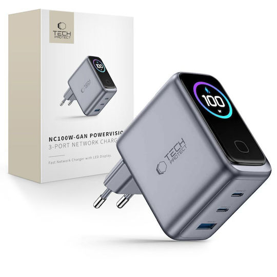 Tech-Protect Handyladegerät Ohne Kabel mit USB-A Ausgangsanschlüsse und 2 USB-C Ausgangsanschlüsse 100W Stromlieferung / Schnellladetechnologie 3.0 Dunkelgrau (PowerVision NC100W-GaN)
