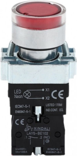 Бутон Ф22 Метален Червен Светещ 24v Lay5-bw3462