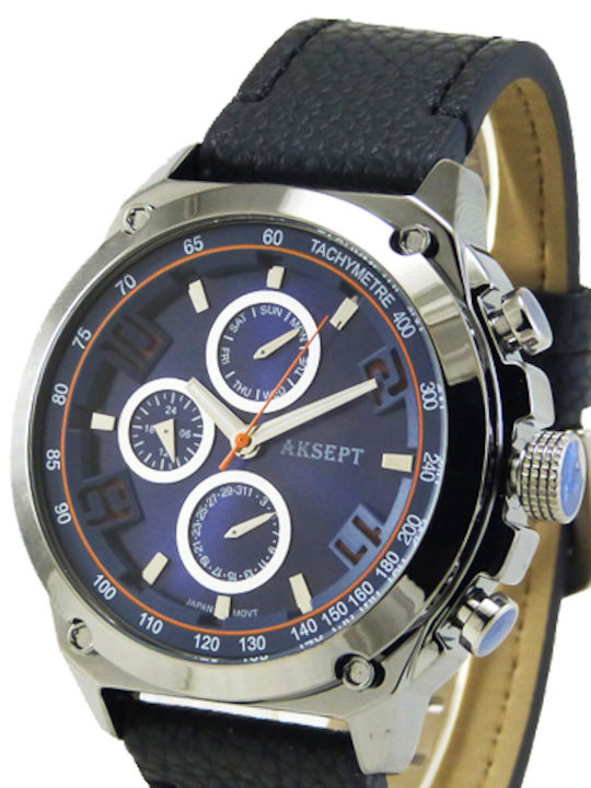 Aksept Мъжки Часовник 46mm На Батерия с Черна Кожена Каишка
