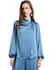 Damen Bluse Satin Langärmelig Drapierung Blau 1745009
