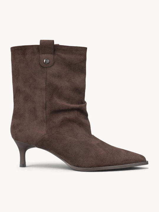 Brown Suede Ankle Boots Metallic Button Kitten Heel