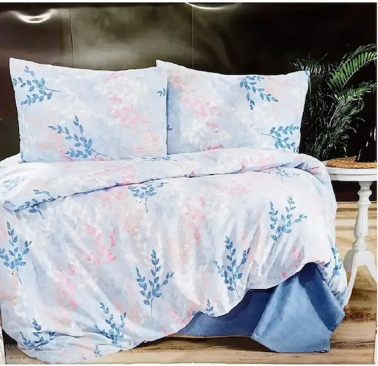 Set Huse Pentru Pilote Din Bumbac Satinat 200x220cm Dublu Cu 2 Fețe De Pernă Și 1 Cearșaf Albastru Deschis
