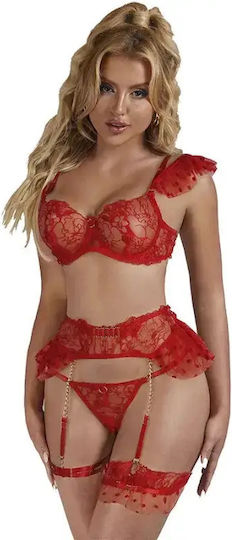 Дантелен Секси Комплект Сутиен Жартиери И Бельо L XL Червен
