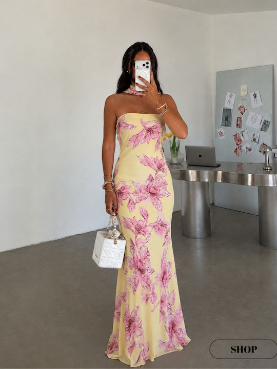 Sommer Maxi Abendkleid Trägerlos Gelbe
