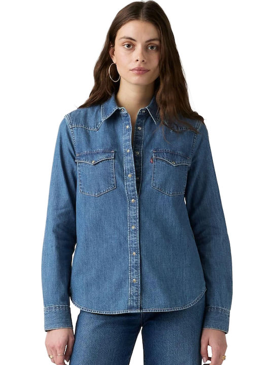 Western Langärmeliges Damen Denim Hemd Blau Blau