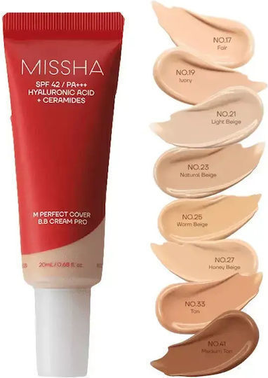 Missha M Perfect Cover BB 19 Face Day Cream with SPF42 for Moisturizing, Anti-aging & Blemishes with Hyaluronic Acid & Collagen 20ml