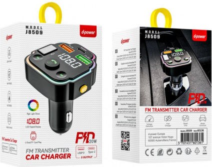 D-power J8509 Автомобилен Bluetooth Audio FM предавател Безжичен 20w Fast USB Зарядно Черен