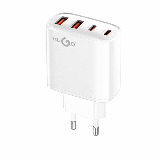 KLGO Încărcător Fără Cablu cu 2 Porturi USB-A și 2 Porturi USB-C 76W Power Delivery / Quick Charge 3.0 Alb (PD-82)