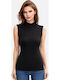 Sleeveless Cotton Black Women's T-Shirt Turtleneck