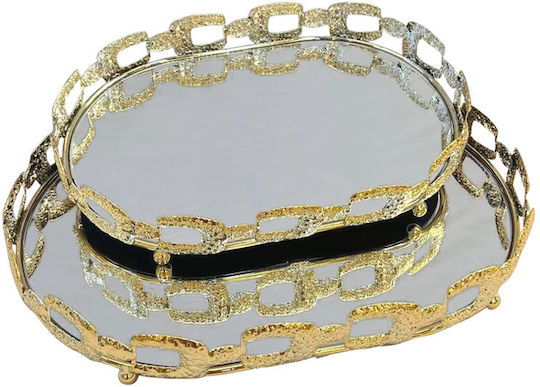 Marhome Decorative Oval Metallic Tray with Mirror 15-26504 Set2 2 Pieces