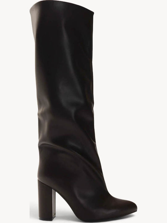 Braune Slouch Damenstiefel mit Falten und Hohem Absatz