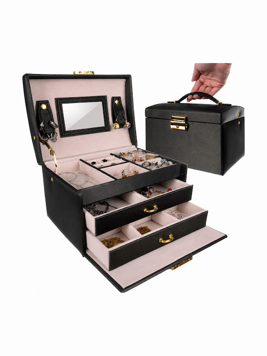 Beautylushh Metal Jewellery Box with Drawer & Mirror Black 17.5x14x12cm